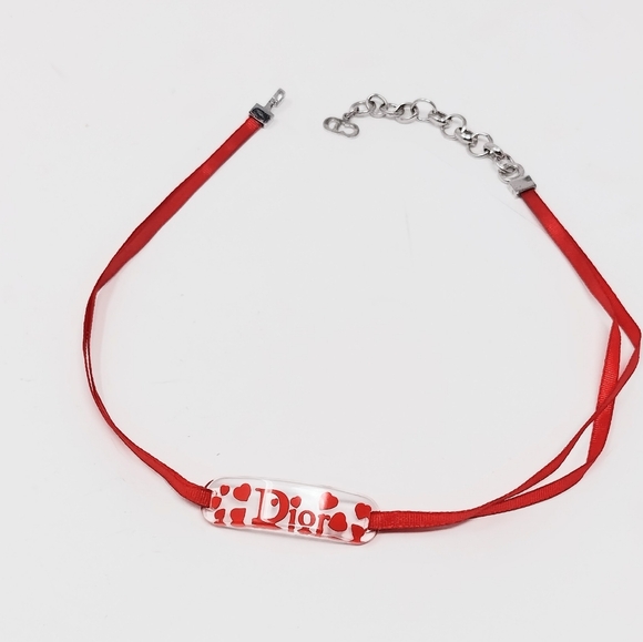 Authentic Christian Dior Lucite Red Heart Name Plate Choker Necklace - Picture 3 of 6